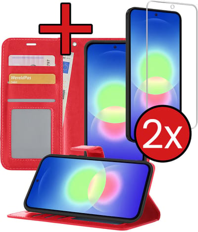 Hoesje - Met 2x Screenprotector - Geschikt voor Samsung Galaxy A27 - Luxe Pasjeshouder - Flip Case - Bookcase Portemonee - Kunstleer Book Case - Flipcase Hoes - Book Cover - Walletcase - Portemonneehoes - Telefoonhoes - Rood