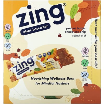 Barres Zing, barres végétaliennes, beurre d'arachide et pépites de chocolat, 12 barres, 1,76 oz (50 grammes) Chaque