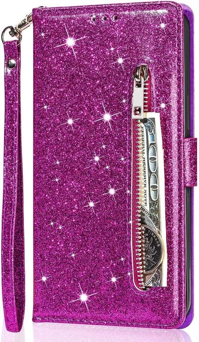 Bookcase Geschikt voor: Samsung Galaxy S21 Glitter met rits - hoesje - portemonnee hoesje - Paars