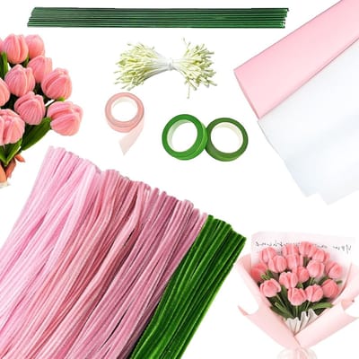 DIY Tulip Bouquet Set met 300 Pijpenragers, Bloemdraad, Lint en Bladeren voor Creatieve Knutselprojecten