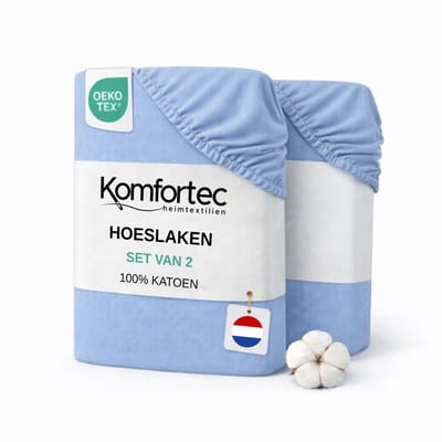 Komfortec Jersey Stretch 2-delige Hoeslaken Set 90x200 cm, Dubbelpak, 23 cm Matrasdikte, Rondom Elastiek, 100% Katoen, Lichtblauw