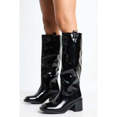 boohoo Dames Western Block Hakken Kniehoogse Laarzen | Black | Maat: 3