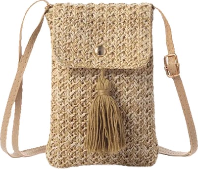 Tassle Telefoon Tasje - Beige | 18 x 12 cm | Stro / Rotan - Polyester | Fashion Favorite