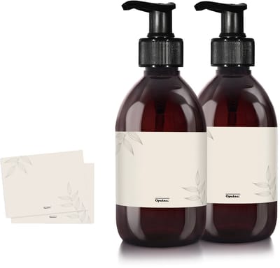 Oputec 2 x 300 ml zeeppompjes – bruin transparante kunststof flessen met pomp & etiketten – navulbaar & lekvrij