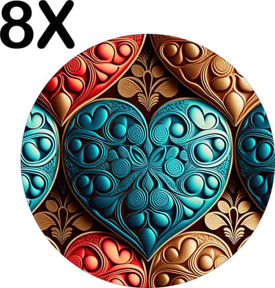 Luxe Ronde Placemat - Gekleurde Harten - Set van 8 Placemats - 50x50 cm - 2 mm dik Vinyl - Anti Slip - Afneembaar