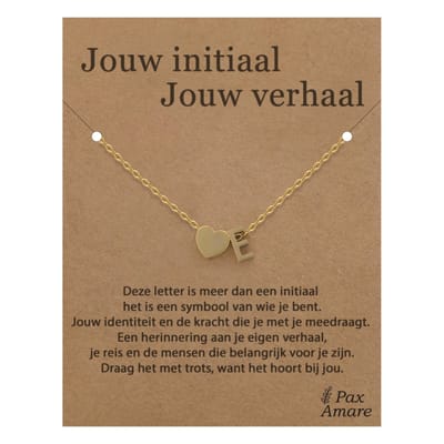 Letter E ketting op Cadeau Kaartje - Jouw initiaal, jouw verhaal - 45cm Goudkleurig Stainless Steel - Initiaal & Hartje Hanger - Pax Amare