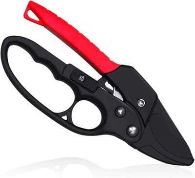 Handsnoeischaar, snoeischaar, tuinschaar, ratelsnoeischaar, 3 keer makkelijker werken, tuingereedschap, scherpe tuinschaar, schaar voor artritis zwakke handen (zwart en rood)
