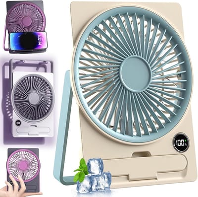 Mini-Ventilator op Kaartformaat met Telefoonhouder - Oplaadbaar en Ultrastil - 180° Kantelbaar en Inklapbaar - 6 Snelheden - 1 Stuk (Blauw)