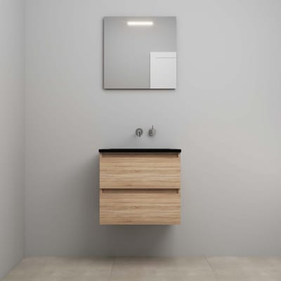On-Line Badkamermeubelset - 60 cm - Voorgemonteerd - Ladestructuur - Acryl Wastafel - zonder Kraangat - Spiegel met LED-Verlichting - Eiken