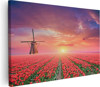 Artaza Canvas Schilderij Molen - 30x20 cm - Klein - Wanddecoratie Tulpen - Muurdecoratie Nederlands Landschap - Kamer Accessoires Zonsondergang