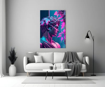 Glasschilderij – Neon Apollo – Klassiek Beeld in Moderne Kleuren – Trendy Wanddecoratie - 90x60 cm