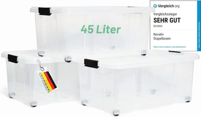 Novaliv 3x opbergdozen met deksel, groot 45L, transparant, nestbaar, stapelbaar met clipsluiting, rolboxen, kunststof, BPA-vrij, 61x40x26 cm