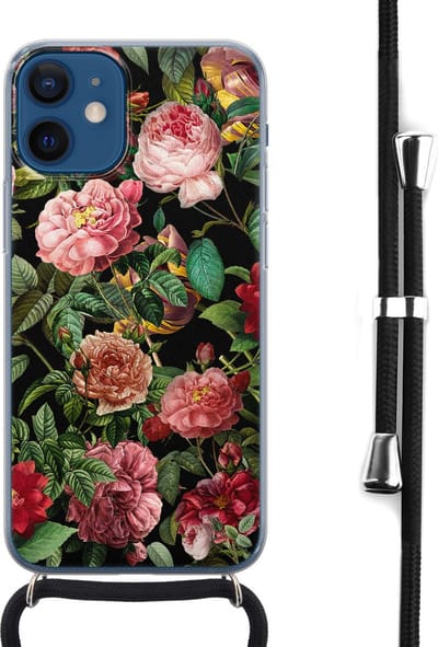 Hoesje met koord - Geschikt voor iPhone 12 Mini - Rode bloemen - Verstelbaar zwart koord - Transparant - Bloemen - Leuke Telefoonhoesjes