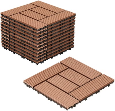 WPC-terrastegels, 30x30 cm, voordeelverpakking van 11 stuks voor 1 m², bruine houtlook, voor tuin- en balkonvloeren met drainage en kliksysteem.