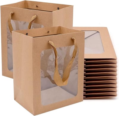 12 stuks papieren zakken met venster - herbruikbare cadeauzakjes voor Halloween Kerstmis feest - koffiekleur