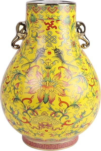 Fine Asianliving Chinese Vaas Porselein Geel Handgeschilderd D22xH31cm