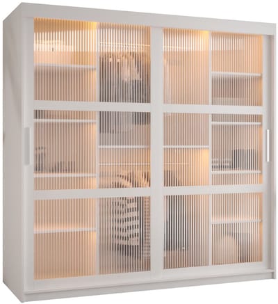 Zweefdeurkast Kledingkast met 2 schuifdeuren glanzen slaapkamerkast Kledingstang met planken Garderobekast met geribbeld glas - ARTON (180 cm, Wit)