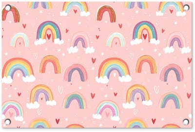 Tuinposter 60x40 cm - Tuindecoratie Regenboog - Patroon - Pastel - Handgetekend - Poster voor in de tuin - Buiten decoratie - Schutting tuinschilderij - Tuindoek muurdecoratie - Wanddecoratie balkondoek