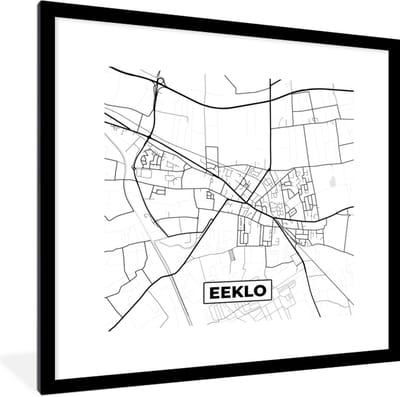 Fotolijst incl. Poster Zwart Wit- België – Eeklo – Stadskaart – Kaart – Zwart Wit – Plattegrond - 40x40 cm - Posterlijst