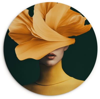WallCircle® Wandcirkel 120x120 cm - Muurcirkel Vrouw - Hoed - Geel - Muurdecoratie woonkamer - Wanddecoratie slaapkamer - Kamer decoratie accessoires - Ronde schilderijen XXL