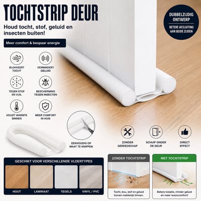 Tochtstrip Deur – Deurafdichting tegen Tocht, Geluid & Stof – Dubbele Tochtstopper voor Binnen Deuren – Wit