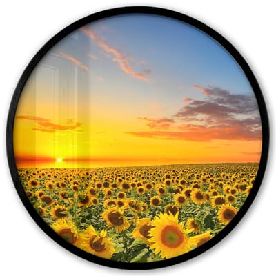 Poster in lijst Rond - Fotolijst 40x40 cm - Posters - Bloemen - Zonnebloem - Zonsondergang - Nacht - Oranje - Ronde posterlijst zwart - Decoratie - Wanddecoratie woonkamer - Muurdecoratie slaapkamer