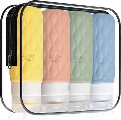 Set van 4 Levensmiddelenflesjes 100 ml - Lekvrije Refillable Silicone Flessen met Transparante Toilettas voor Shampoo, Douchegel en Cosmetica
