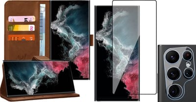 Hoesje geschikt voor Samsung Galaxy S22 Ultra - Book Case Kunstleer Wallet Cover Portemonnee Pasjeshouder Hoes Bruin - PET Glasfolie Screenprotector - Camera Lens Tempered Glass Protector
