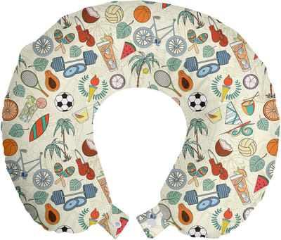 ABAKUHAUS Sport Reiskussen met Neksteun, Cartoonstijl, Schuimrubberen Reisaccessoire voor Vliegtuig en Auto, 30x30 cm, Meerkleurig