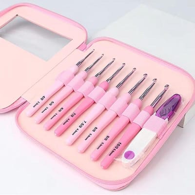 9 stuks Haaknaaldset 2.5-6cm Ergonomische Zachte Handgreep Aluminium Haakset met 8 Maten voor DIY Knutsels Breien Haken Benodigdheden roze