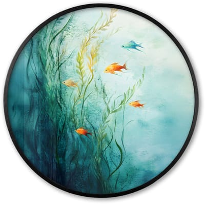 Poster in lijst Rond - Fotolijst 60x60 cm - Posters - Waterplanten - Vissen - Kleurrijk - Water - Ronde posterlijst zwart - Decoratie - Wanddecoratie woonkamer - Muurdecoratie slaapkamer