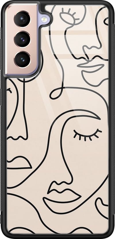 Hoesje geschikt voor Samsung Galaxy S21 - Abstract gezicht lijnen - Luxe Glazen Hardcase - Print / Illustratie - Bruin