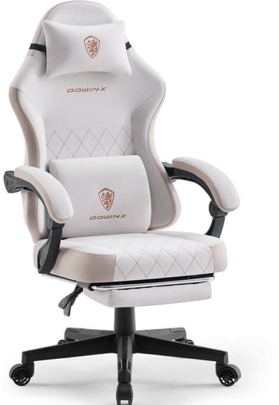 Dowinx Gamingstoel van Stof - Ergonomische Bureaustoel met Pocketvering - Massage Lendenkussen - Voetensteun - Verstelbare Rugleuning - 135 kg -Beige