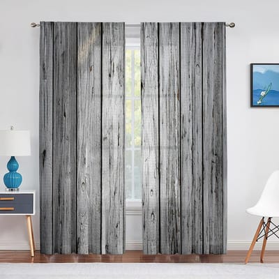 Boerderijstijl Westerse Bruine Primitieve Houten Tule Gordijnen voor Woonkamer Chiffon Transparant Voile Keuken Slaapkamer Raamgordijn 1 PCS W100XH250cm&Grommet Top