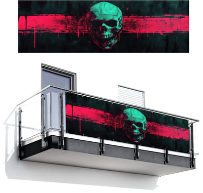 Balkonscherm 300x90 cm - Balkonposter Schedel - Cyberpunk - Neon Rood - Balkon scherm decoratie - Balkonschermen - Balkondoek zonnescherm