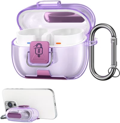 kwmobile Transparante hoofdtelefooncase voor Samsung Galaxy Buds 3 / Galaxy Buds 3 Pro hoes - Headphones TPU cover met standaardfunctie en veiligheidsvergrendeling - paars