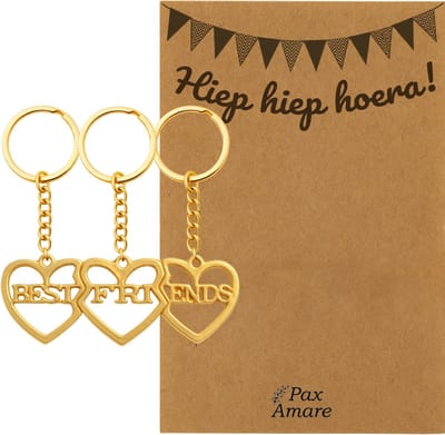 BFF Sleutelhanger voor 3 'Hiep Hiep Hoera' - 3 hartjes - Best Friends - Sleutelhanger set op Cadeau Kaartje - Goudkleurig - Verjaardags Hanger - Pax Amare