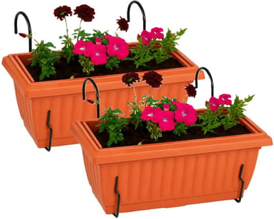 Plasticforte plantenbakken Windsor - set 2x stuks - terracotta - met twee ophangbeugels - 33 x 18 x 15 cm - kunststof - luxe bloembakken