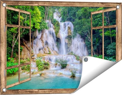 Gards Tuinposter Doorkijk Waterval in het Tropische Natuur - 60x40 cm - Tuindoek - Tuindecoratie - Wanddecoratie buiten - Tuinschilderij