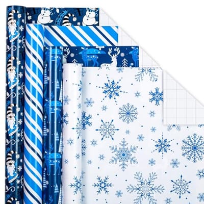 Kerst inpakpapier bundel met rasterlijnen – 4 ontwerpen met sneeuwmannen, sneeuwvlokken, herten en strepen – 30 x 120 inch