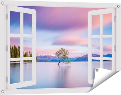 Gards Tuinposter Doorkijk Wanaka Boom in het Water bij Zonsopgang - 90x60 cm - Tuindoek - Tuindecoratie - Wanddecoratie buiten - Tuinschilderij
