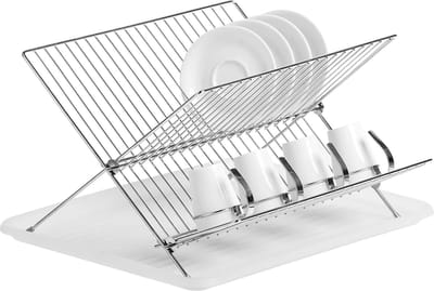 Zeller Luxe verchroomd afdruiprek - 2 laags - met lekbak - 43 x 32 cm - drogen - keuken