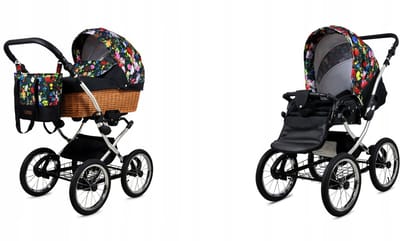 BabyLux® Kinderwagen 2in1 – CLASSIC EXCLUSIVE - GARDEN FLOWERS SILVER FRAME - Opklapbare Wandelwagen incl. Reiswieg, Multifunctionele Buggy Sportstoel - Combi-kinderwagen met Luiertas, Regenhoes, Klamboe, Bekerhouder, etc.