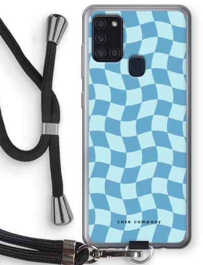 Case Company® - Hoesje met koord geschikt voor Samsung Galaxy A21s hoesje met Koord - Grid Blauw - Telefoonhoesje met Zwart Koord - Bescherming aan alle Kanten en Over de Schermrand