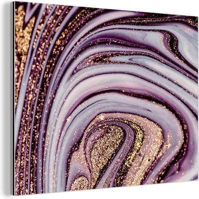 Wanddecoratie Metaal - Aluminium Schilderij Industrieel - Marmer - Roze - Goud - Glitter - Marmerlook - Luxe - 80x60 cm - Dibond - Foto op aluminium - Industriële muurdecoratie - Voor de woonkamer/slaapkamer