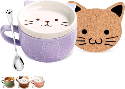 Schattige paarse keramische kattenmok met deksel - Perfect voor thee, koffie en als cadeau voor kattenliefhebbers