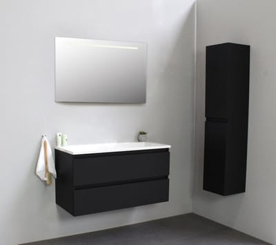 Basic Bella Badkamermeubelset - 100x55x46cm - 1 wasbak - Acryl - Wit - 0 kraangaten - Wandspiegel met verlichting - Melamine Zwart mat