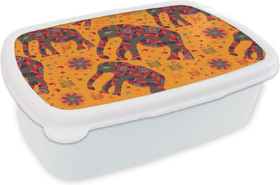 Broodtrommel Wit - Lunchbox - Brooddoos - Olifant - Ornament - Bloemen - Patroon - 18x12x6 cm - Volwassenen