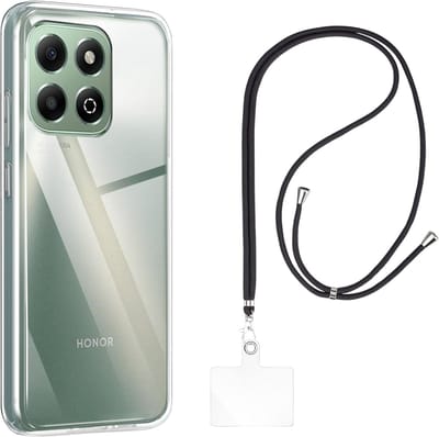 Set met hoesje en nekband voor honor x6b - Flexibele, transparante TPU-bescherming, verstelbare universele nekband voor mobiele telefoons, zwarte nekband, transparante draagriem van Phonillico®