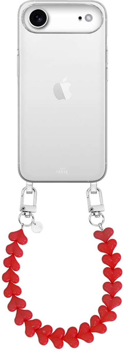xoxo Wildhearts siliconen hoesje - Geschikt voor iPhone 17 Air hoesje - Funky Hearts - Telefoonhoesje - Hoesje met koord - Rood koord - kort telefoonkoord - Hartjes ketting - Transparant hoesje